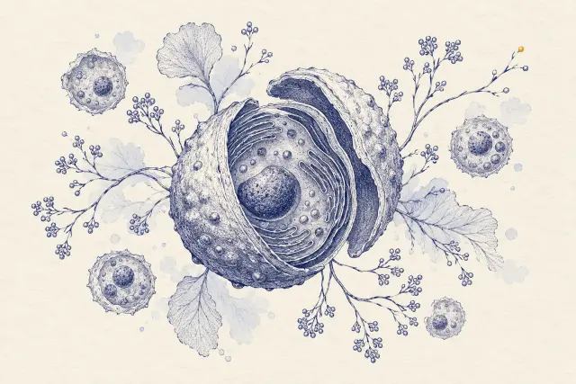 Conceptual indigo engraving of a cell surrounded by delicate branching forms.