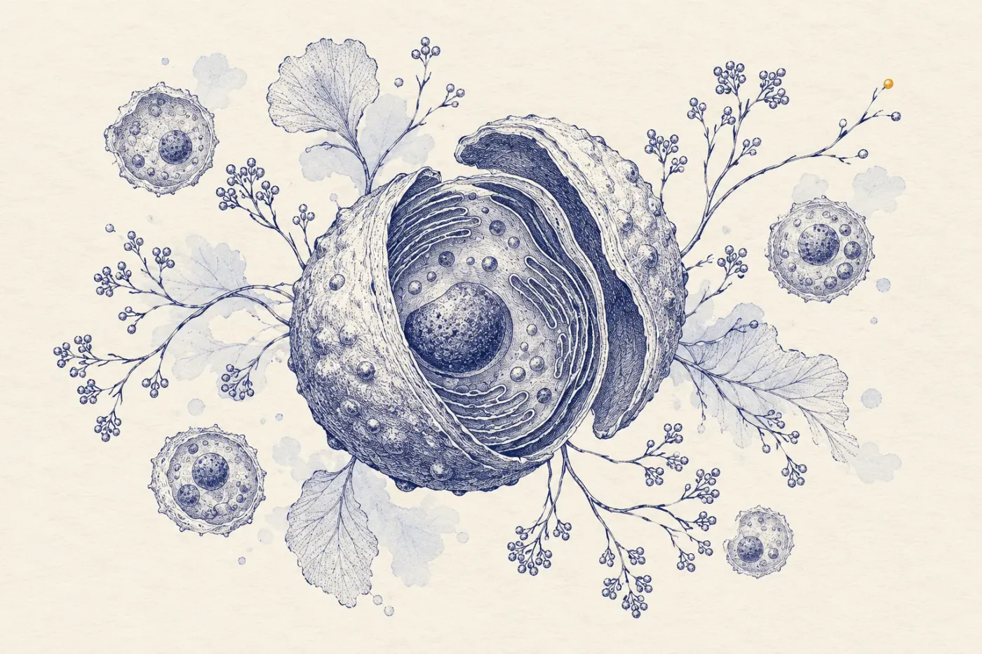 Conceptual indigo engraving of a cell surrounded by delicate branching forms.