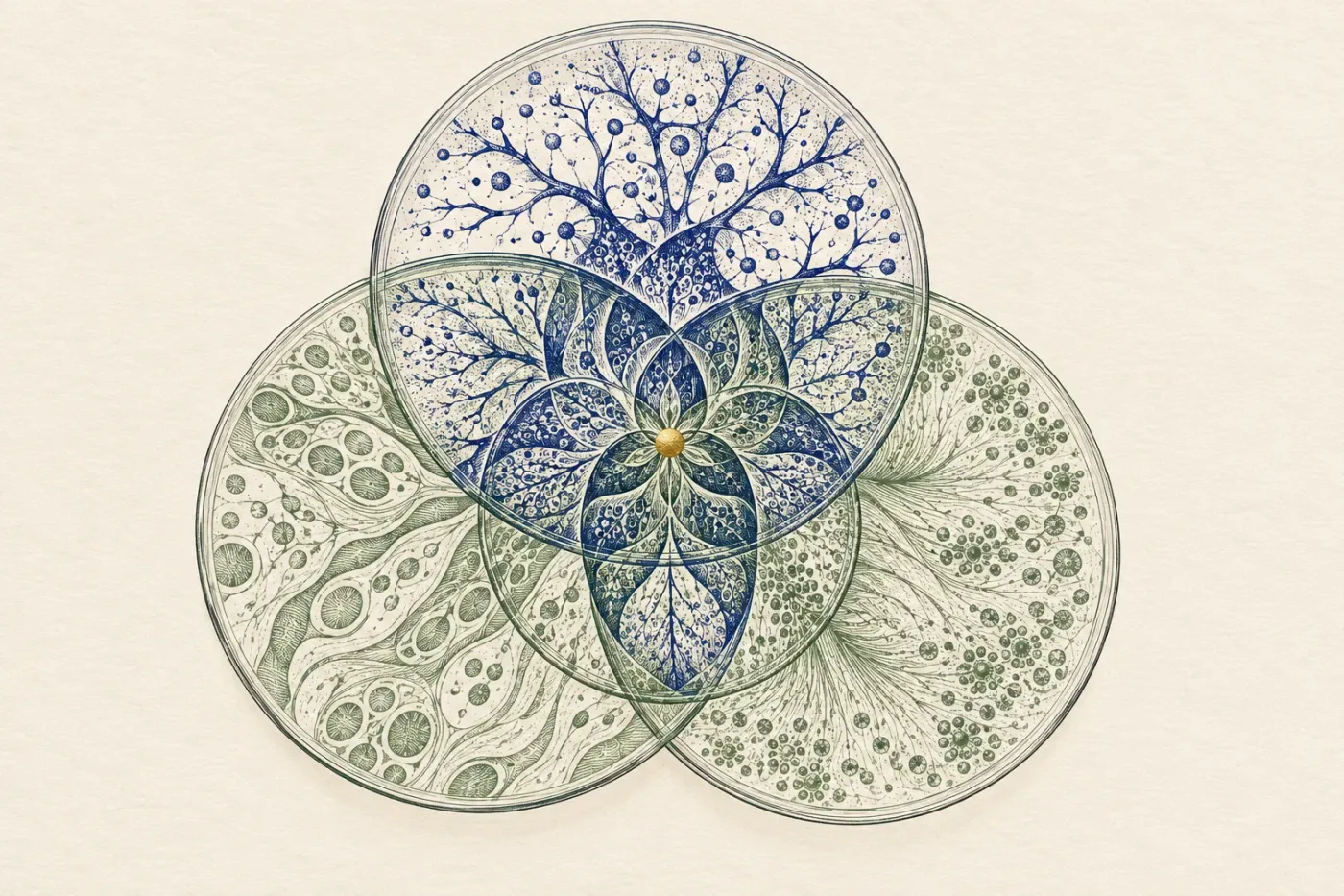 Conceptual illustration of three different biological patterns coming together.