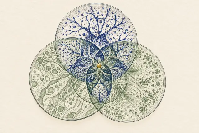 Conceptual illustration of three different biological patterns coming together.