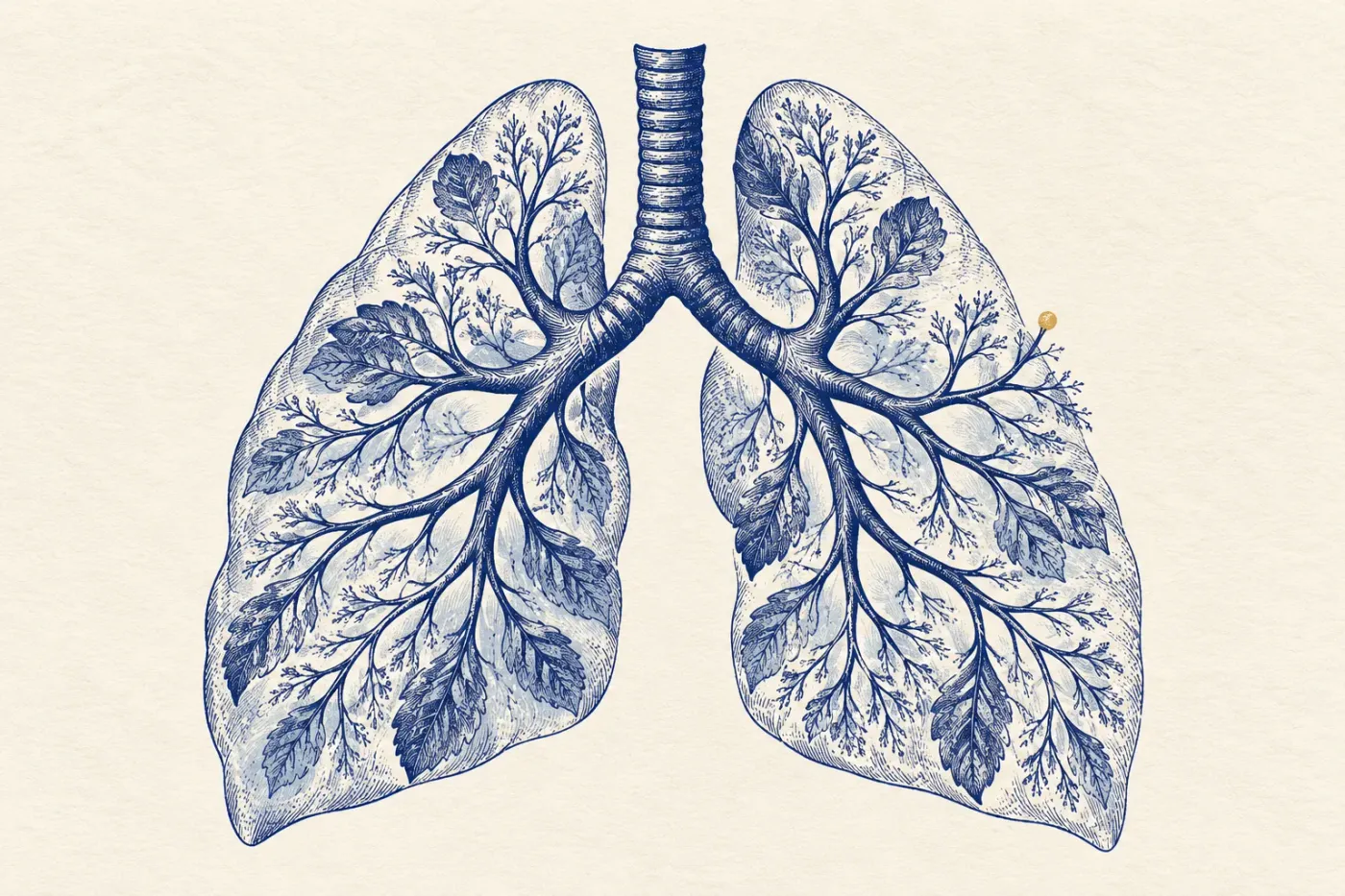 Editorial illustration of lungs with branching botanical patterns, printed in indigo.
