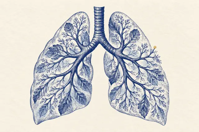 Editorial illustration of lungs with branching botanical patterns, printed in indigo.