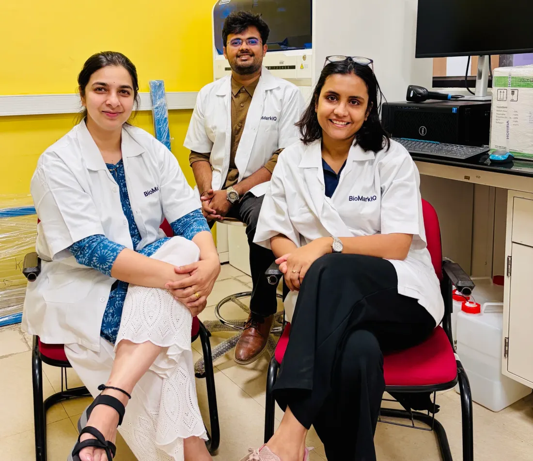 Manasi, Snahlata, and Atharva in the BioMarkIQ laboratory